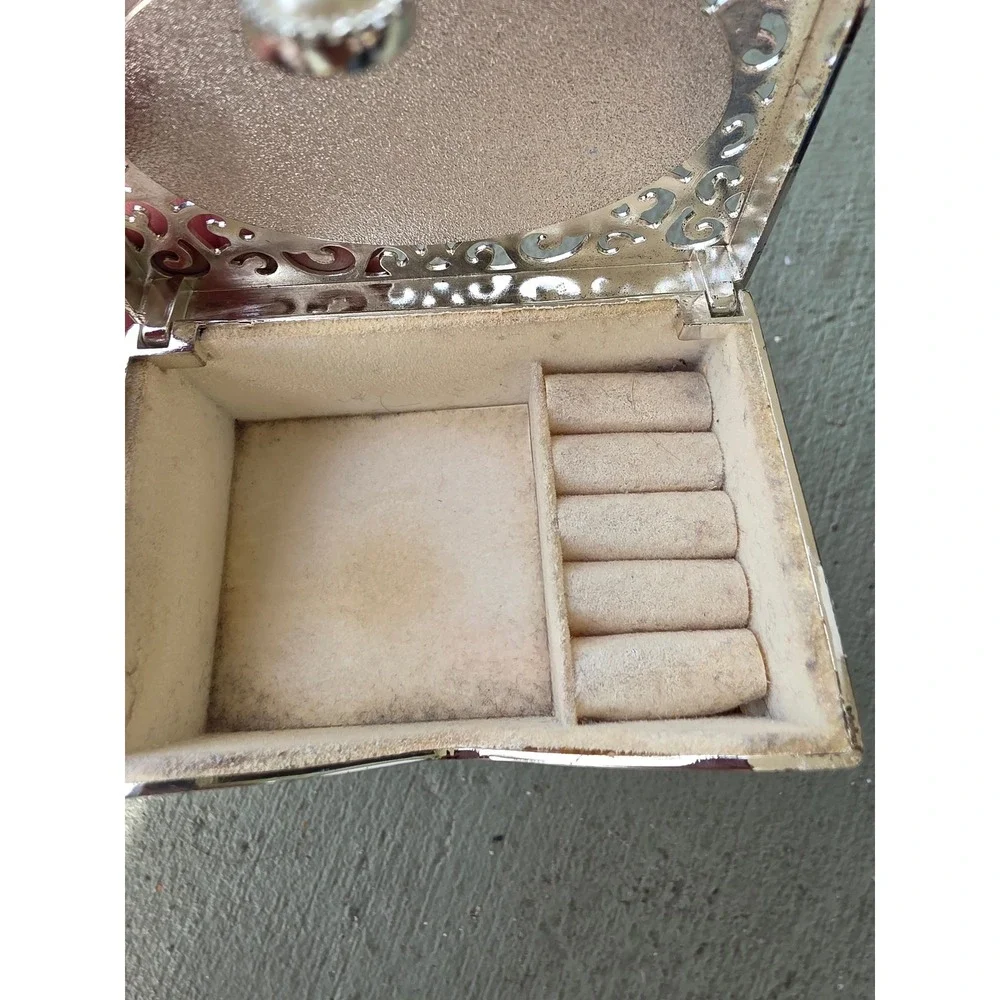 Always & Forever Silver‎ Tone Filigree Jewelry Trinket Box Faux Pearl Accent Z2